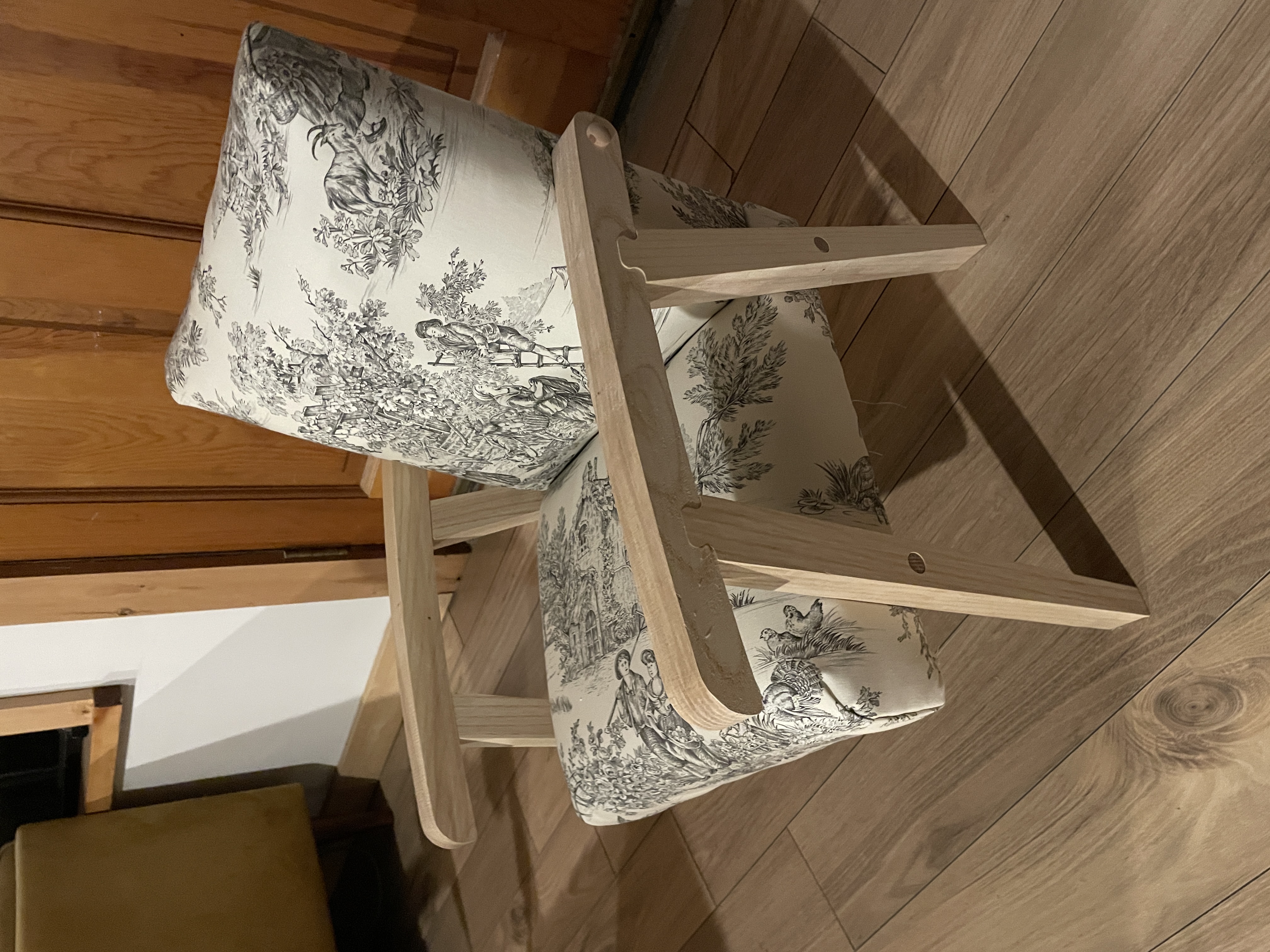 Custom toile-pattern upholstered chairs from a Basic Upholstery class